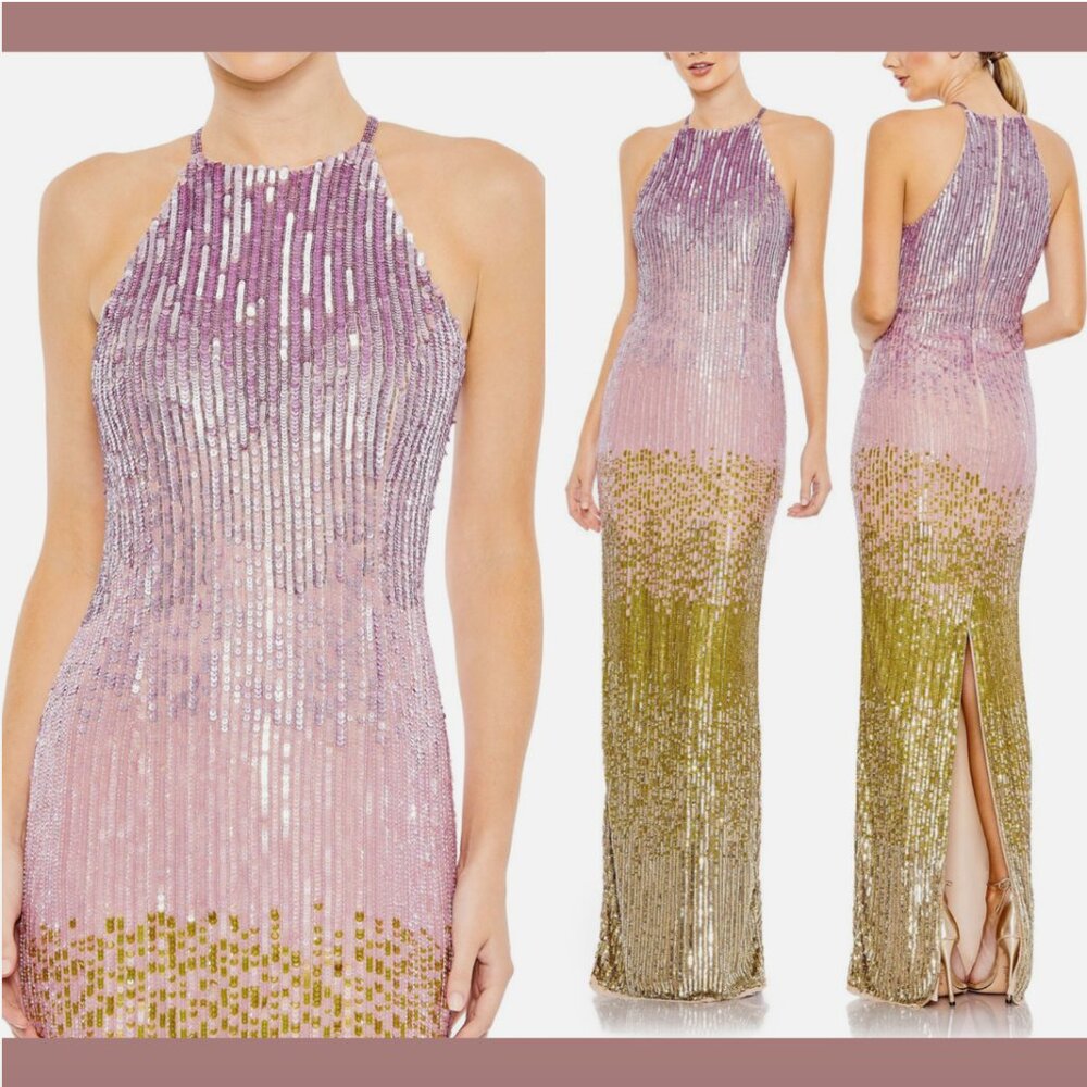 NWT $598 Mac Duggal [ 10 ] Ombre Sequin Halter Neck Column Gown Purple Gold Q719